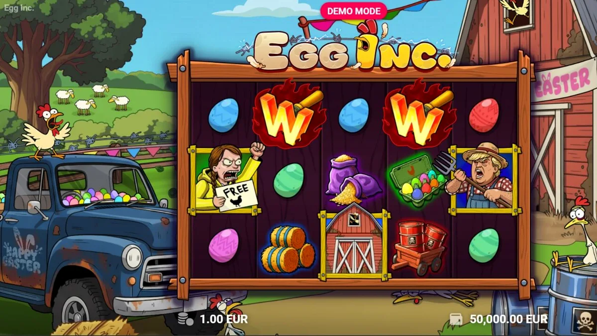 Tampilan visual slot Egg Inc. dengan tema peternakan kartun yang penuh warna