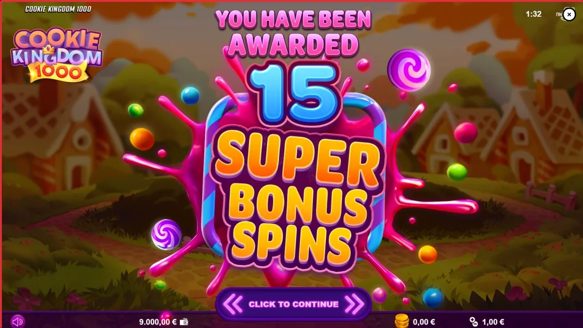 Tampilan visual permainan slot Cookie Kingdom 1000 dengan tema permen dan beruang koki.