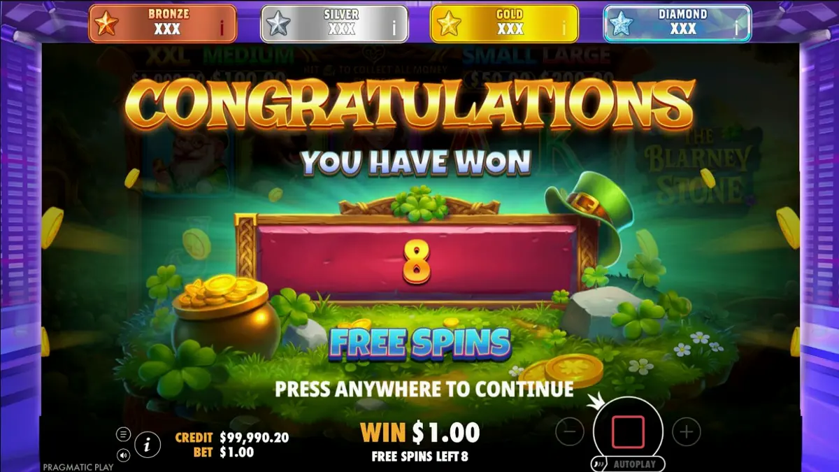 The Blarney Stone slot machine interface featuring Irish leprechaun theme
