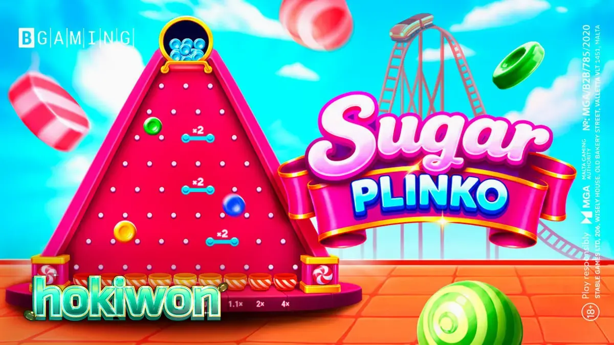 Tampilan antarmuka permainan Sugar Plinko dengan papan pachinko bertema permen.